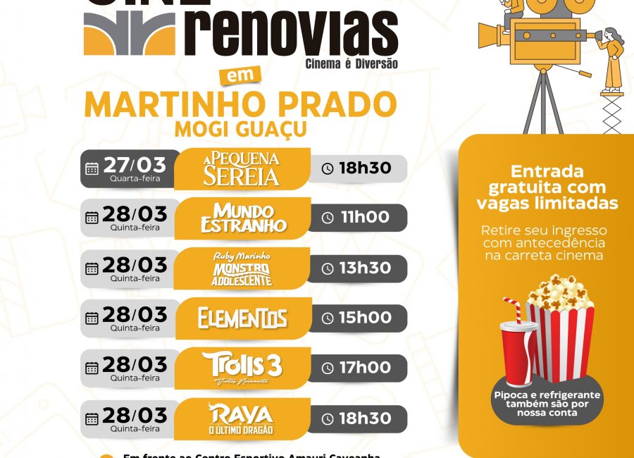 Martinho Prado recebe sessões de cinema gratuitas nesta quarta-feira e quinta-feira 