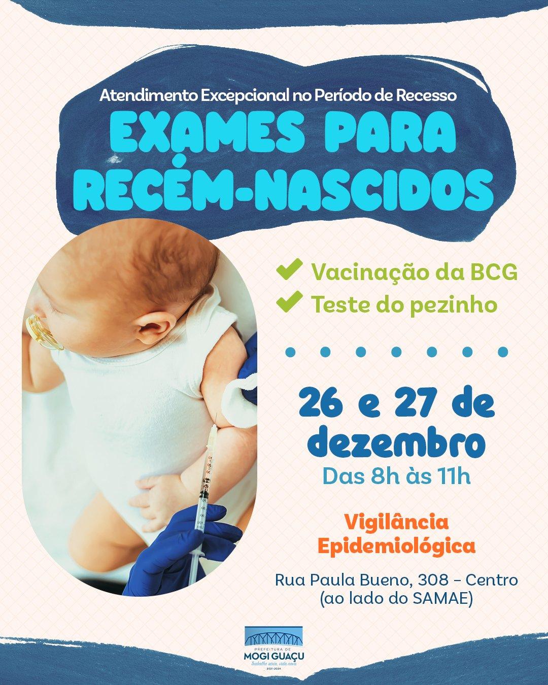 Saúde terá atendimento nos dias 26 e 27 de dezembro para recém-nascidos para vacinação BCG e Teste do Pezinho