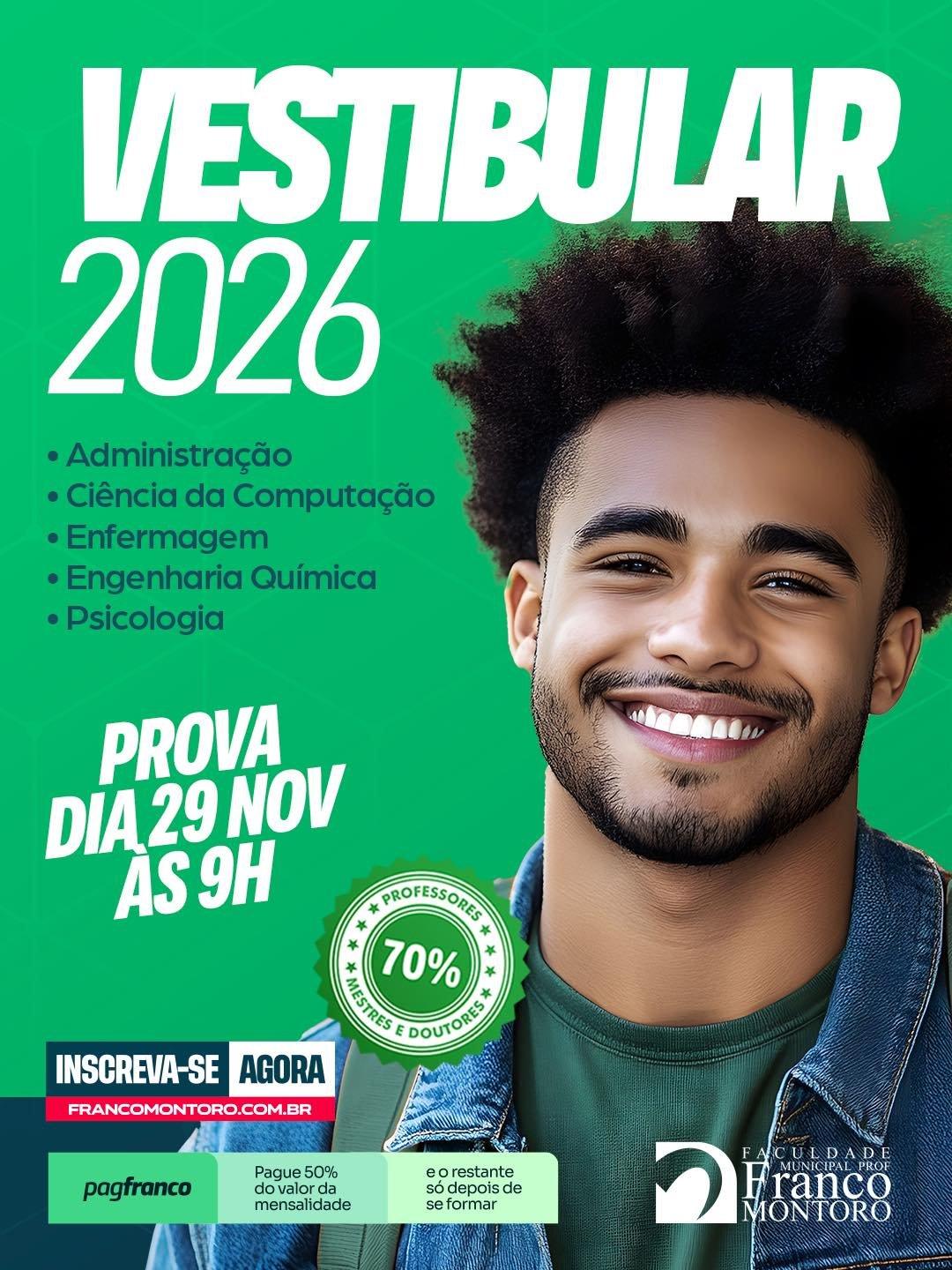 Franco Montoro oferece 360 vagas de graduação para cinco cursos noturnos; inscrições para o Vestibular 2026 já estão abertas